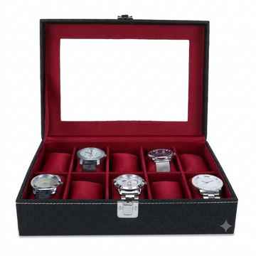 Luxury 8-Slot Watch Storage Box with Glass Display Lid (Red Velvet Interior)