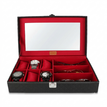 Luxury Watch & Sunglasses Organizer Box | 6 Watch + 3 Sunglasses Storage Case with Glass Display Lid (Red Velvet Interior)