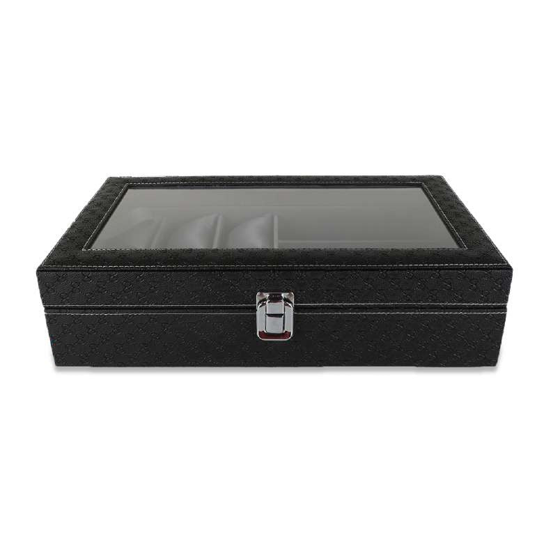 Luxury watch organizer with cushioned compartments and clear display lid, ideal for premium watch storage.