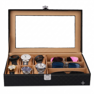 Luxury Watch & Sunglasses Organizer Box | 6 Watch + 3 Sunglasses Storage Case with Glass Display Lid