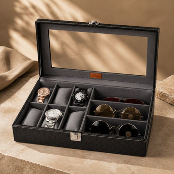 Luxury Watch & Sunglasses Organizer Box | Premium Leather Display Case with Glass Lid