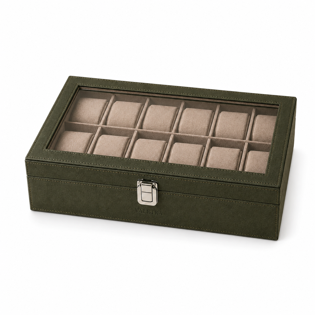 Valetra Luxury 12-Slot Watch Box Organizer with Display Lid – Olive Green