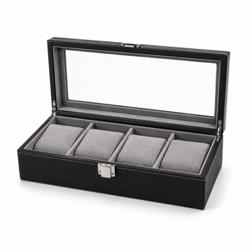 Black leather watch box with 4 gray cushioned slots and clear display lid