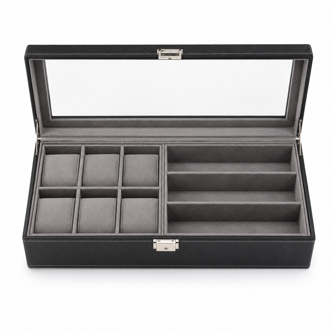 Luxury watch organizer with cushioned compartments and clear display lid, ideal for premium watch storage.
