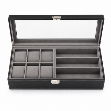 Luxury watch organizer with cushioned compartments and clear display lid, ideal for premium watch storage.