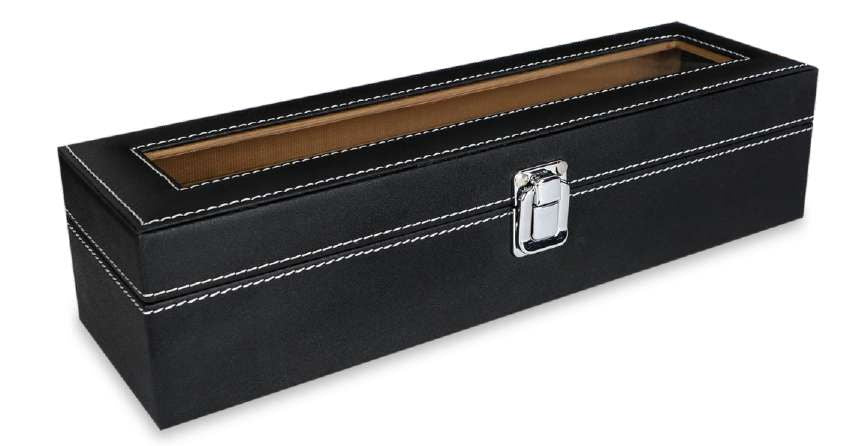 Black leather watch box with clear lid, cushioned slots holding three luxury watches, ideal for display and storage.