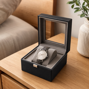Luxury Single Watch Organizer Box with Glass Lid | Premium Leather Watch Display Case