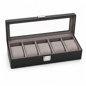 Black leather watch box with clear lid and five cushioned slots for luxury watch storage and display