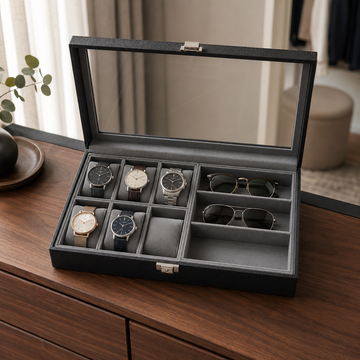 Luxury Watch & Sunglasses Organizer Box | 6 Watch + 2 Sunglasses Storage Case with Glass Display Lid