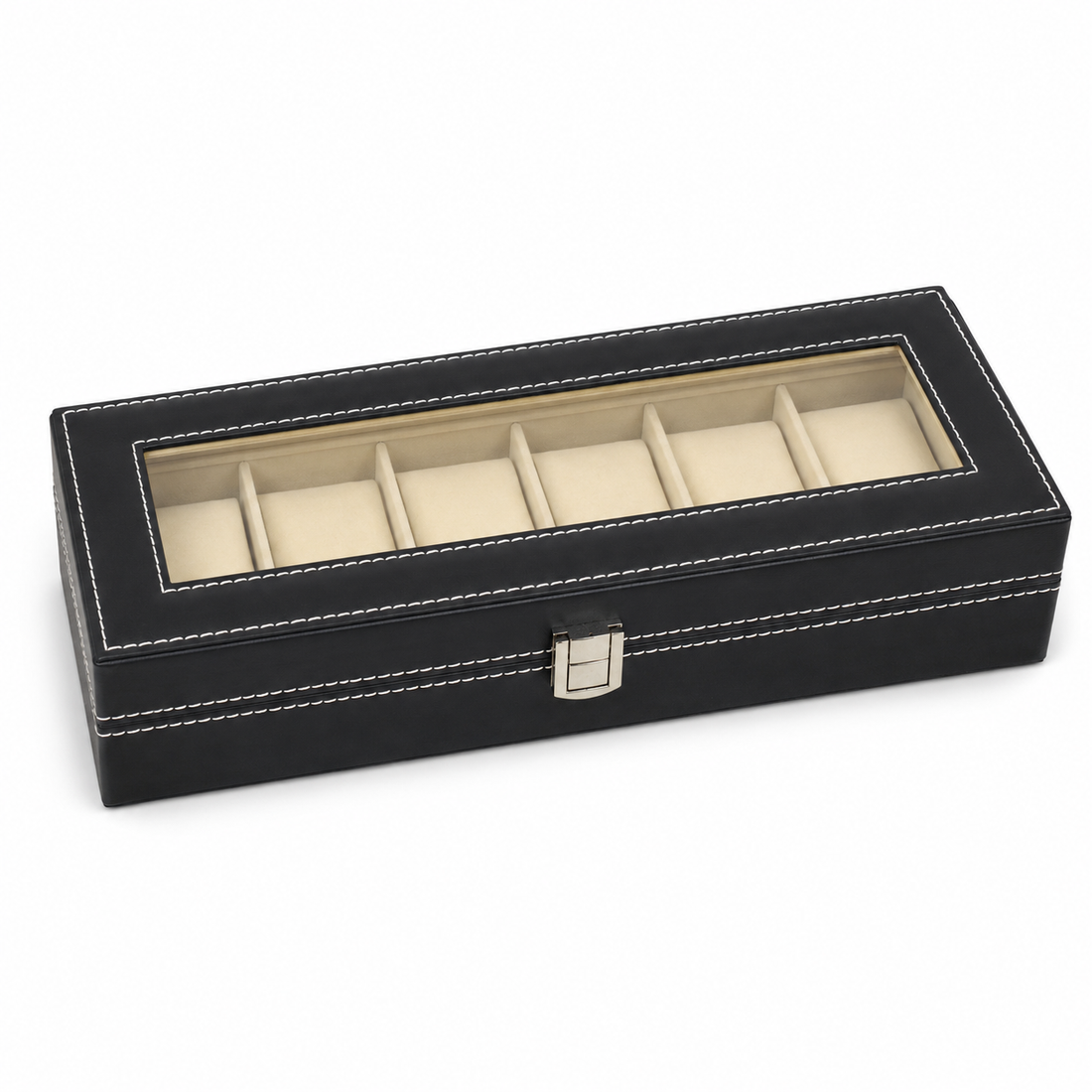 Black leather watch box with clear lid and 6 cushioned slots for luxury watch storage and display