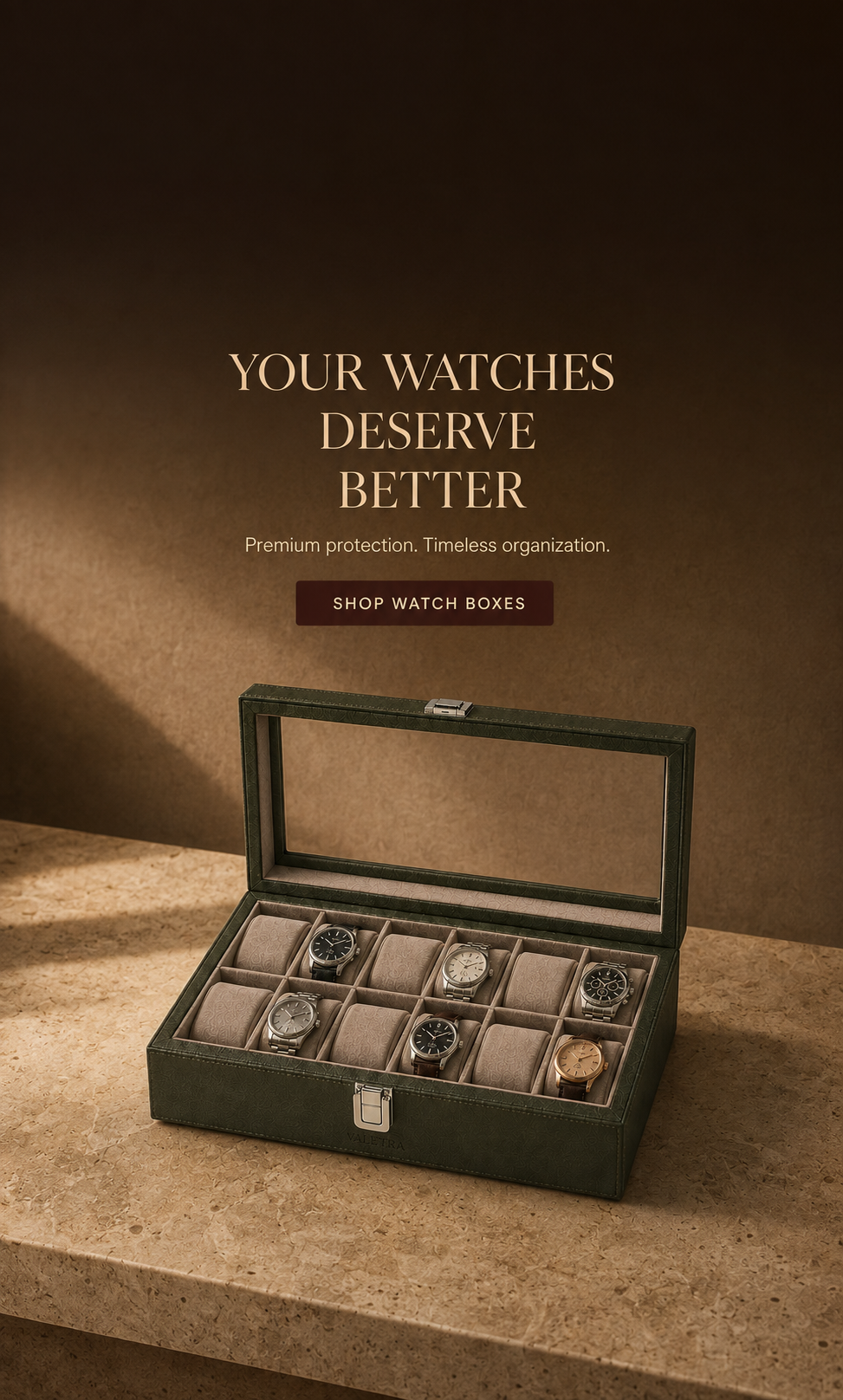 Luxury watch box with cushioned compartments and clear lid, displaying five elegant watches for premium organization.