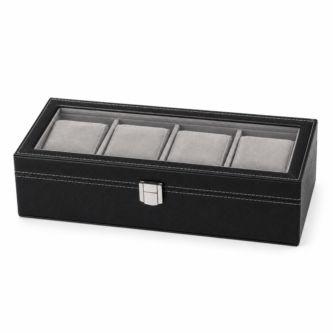 Valetra Compact 4-Slot Watch Box with Clear Display Lid – Black