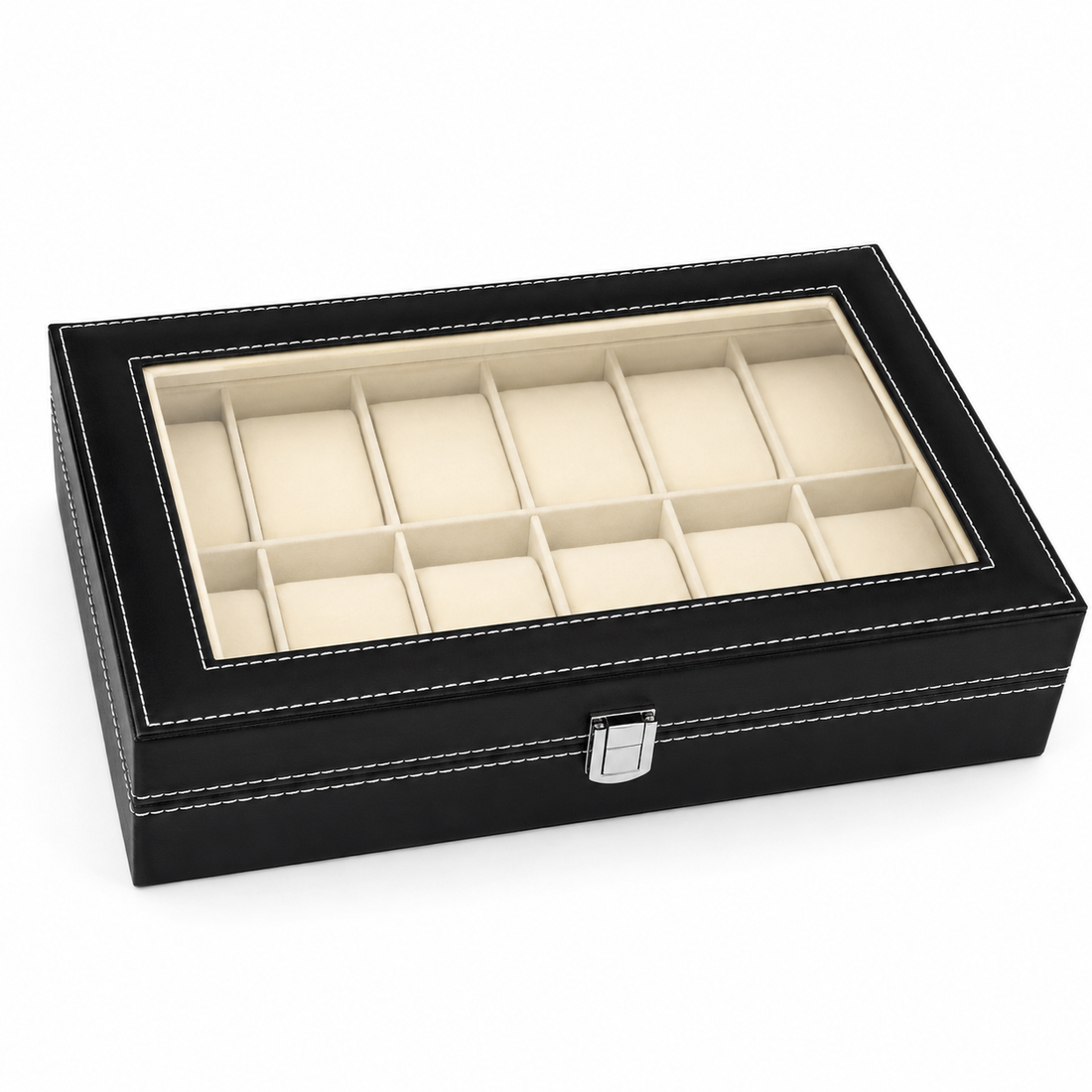 Valetra 12-Slot Watch Organizer Box with Transparent Display Lid – Black & Ivory