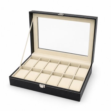 Valetra 12-Slot Watch Organizer Box with Transparent Display Lid – Black & Ivory