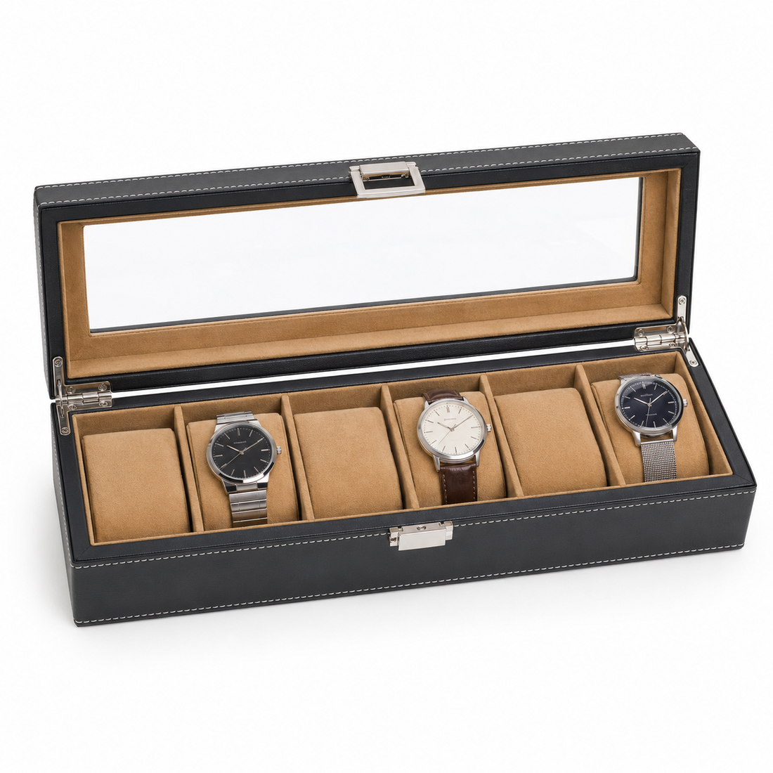 Black leather watch box with clear lid, cushioned slots holding three luxury watches, ideal for display and storage.